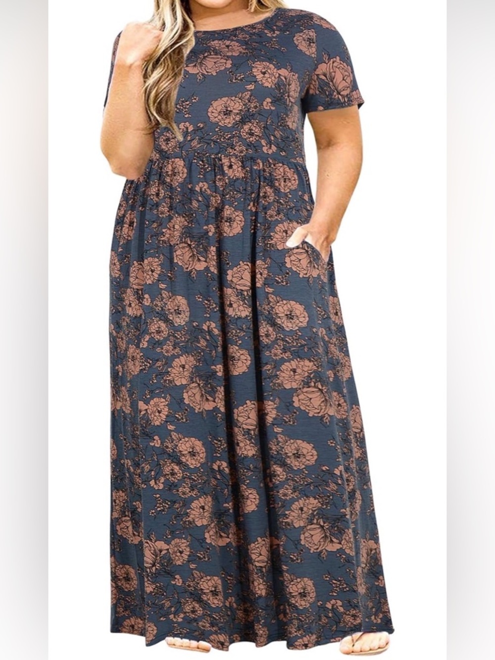 Plus Size Navy Floral Short Sleeve Maxi Dress with Pockets